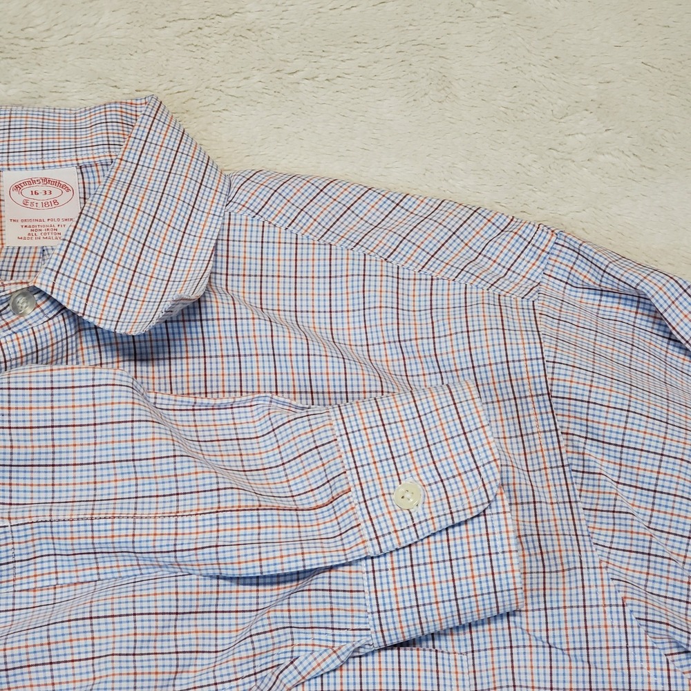 Brooks Brothers White Blue Plaid Office Work Cotton Button Dress Shirt 16 33‎